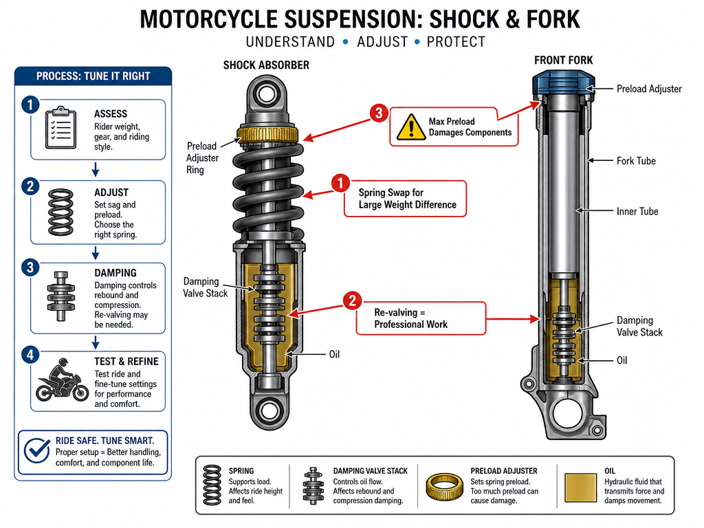 Motorcycle suspension diagram showing when to replace springs or seek a professional.