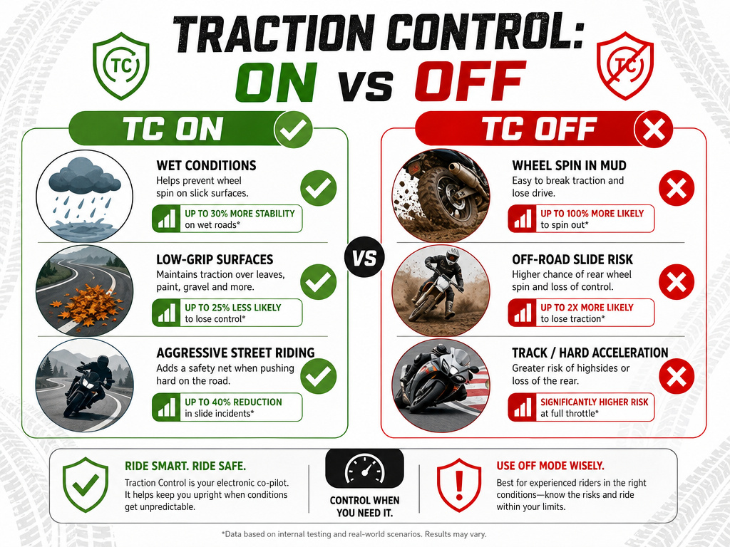 Motorcycle traction control on and off scenarios comparison infographic.