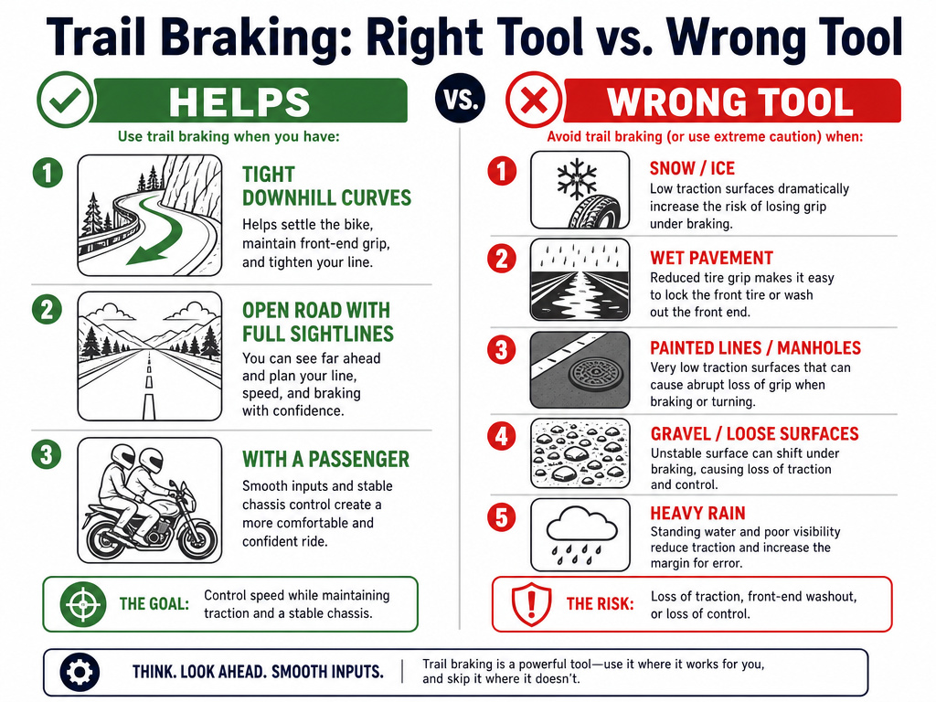 Infographic showing when to use and when to avoid trail braking on a motorcycle.