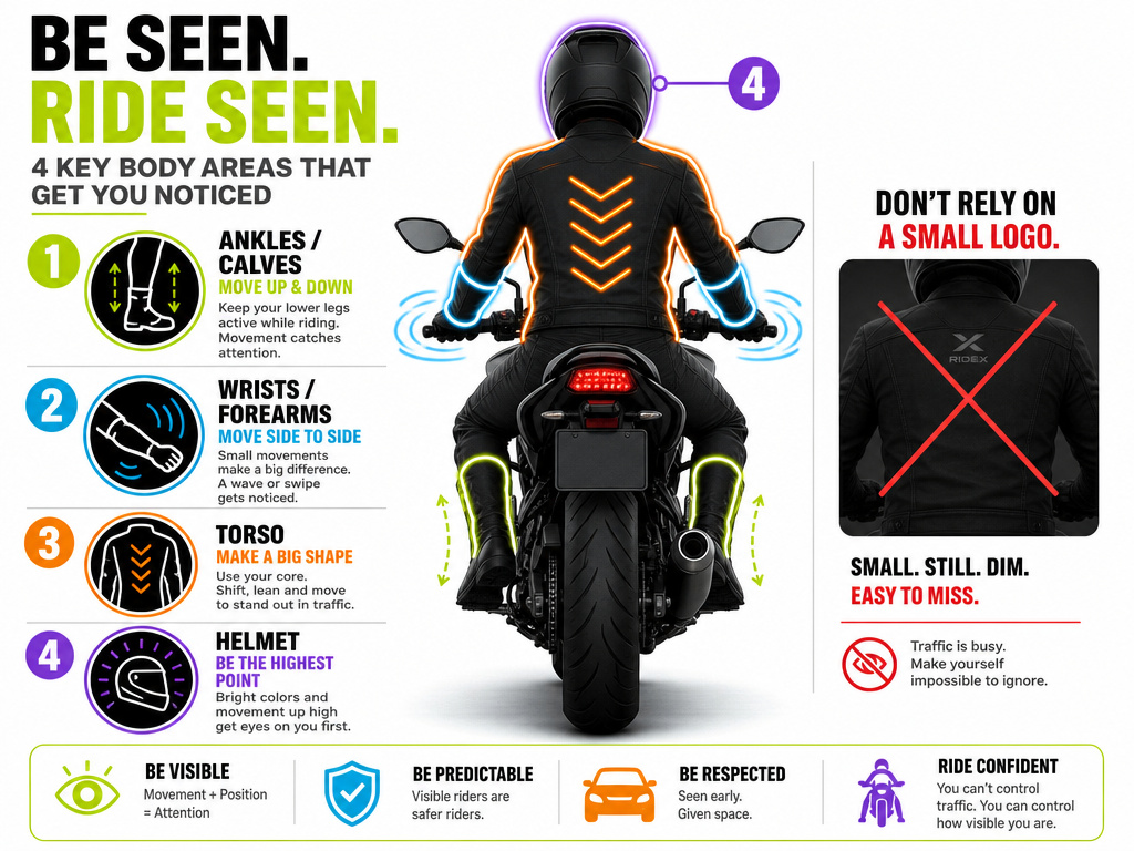 Infographic on optimal reflective gear placement for motorcycle rider visibility