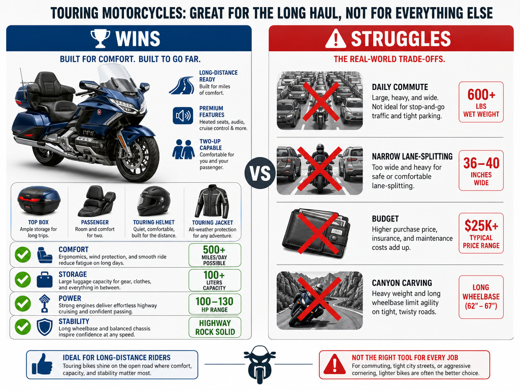 Touring motorcycle pros and cons rider profile comparison infographic